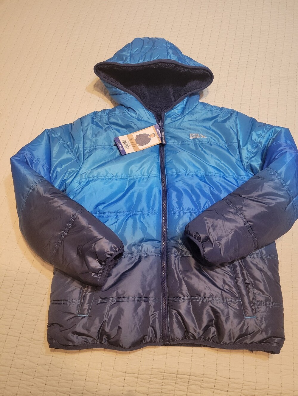 Eddie Bauer Kids Ombre Blue Hooded Puffer Jacket - NWT Size Large 14/16
